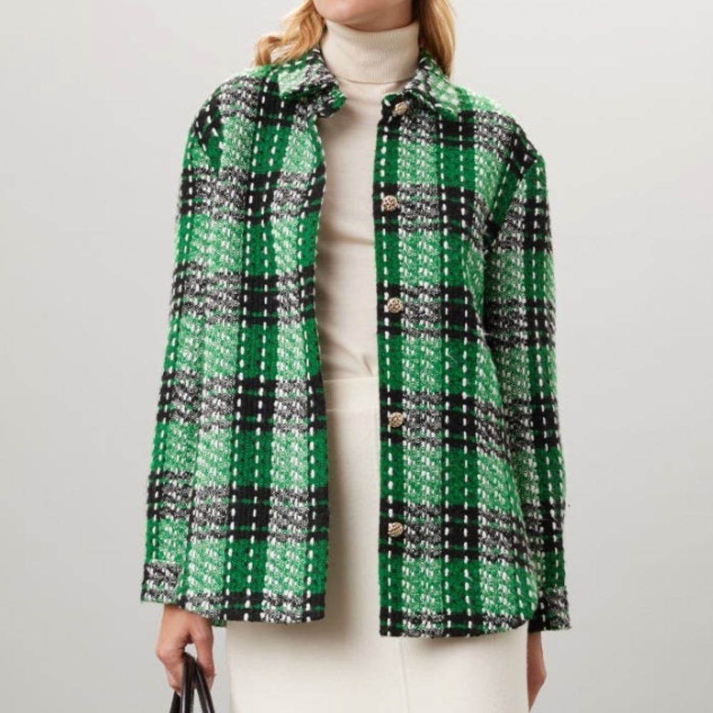 English Factory Vibrant Green and Black Plaid Tweed Shirt / Jacket